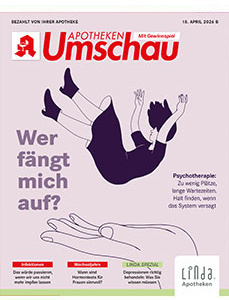 Cover der Apotheken Umschau, Ausgabe April B. Auf dem Cover ist eine Illustration einer Person zu sehen, die in die Luft fällt, während eine Hand sie zu fangen scheint. Der Text auf dem Cover lautet: ‚Wer fängt mich auf?‘, sowie ‚Psychotherapie: Zu wenig Plätze, lange Wartezeiten. Halt finden, wenn das System versagt‘