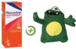 Mucosolvan Hustensaft und ein grünes Plüschmonster mit Plus-Symbol.