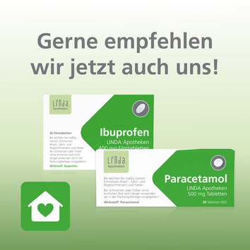 Flipcard mit dem Titel: Gerne empfehlen wir jetzt auch uns! Die PAckshots von Ibuprofen ud Paracetamol LINDA Apotheken sind abgebildet.