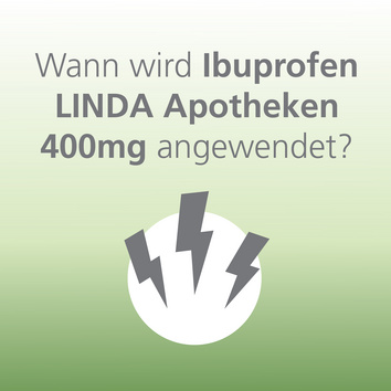 „Wann wird Ibuprofen LINDA Apotheken 400 mg angewendet?“ mit einem Symbol aus drei stilisierten Blitzen auf hellem grünem Hintergrund.
