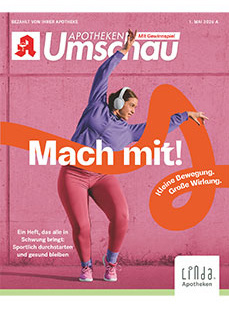 Titelseite des Magazins „Apotheken Umschau“. Eine Frau in Sportkleidung und Kopfhörern dehnt sich vor einer rosa Wand. Der Titel lautet „Mach mit!“ mit dem Zusatz: „Kleine Bewegung, große Wirkung.“