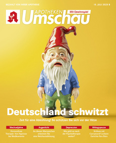Titelbild der Apotheken Umschau mit schmelzendem Gartenzwerg, Überschrift: „Deutschland schwitzt“