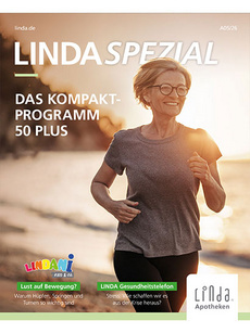 Titelseite des Magazins „LINDA Spezial“. Eine lächelnde Frau über 50 joggt am Strand bei Sonnenuntergang. Titeltext: „Das Kompakt-Programm 50 Plus“.