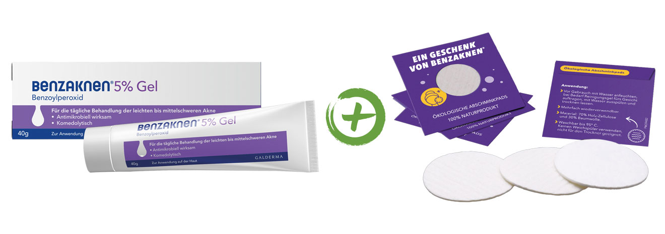 Benzaknen® 5 % Gel (40 g) neben einem Plus-Zeichen und den Benzaknen® Abschminkpads.
