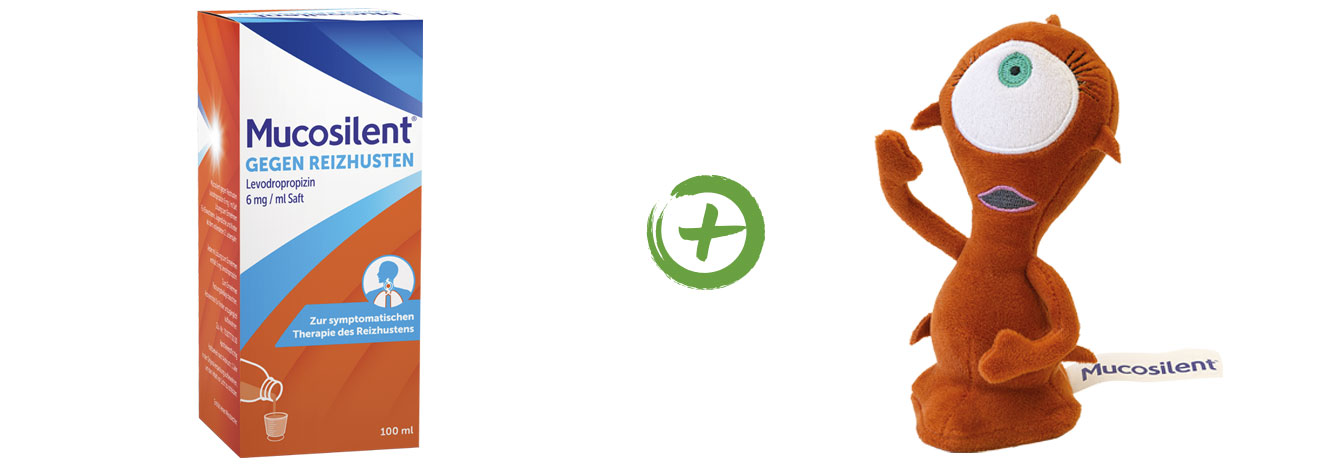 Mucosilent-Packung neben einem orangefarbenen Mucosilent-Plüschtier.