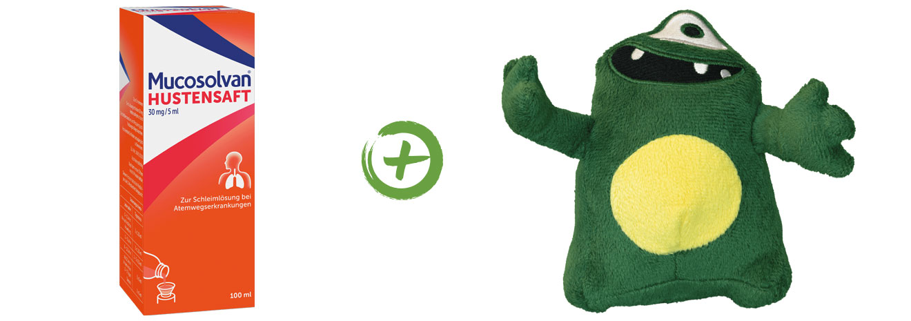 Mucosolvan Hustensaft und ein grünes Plüschmonster mit Plus-Symbol.