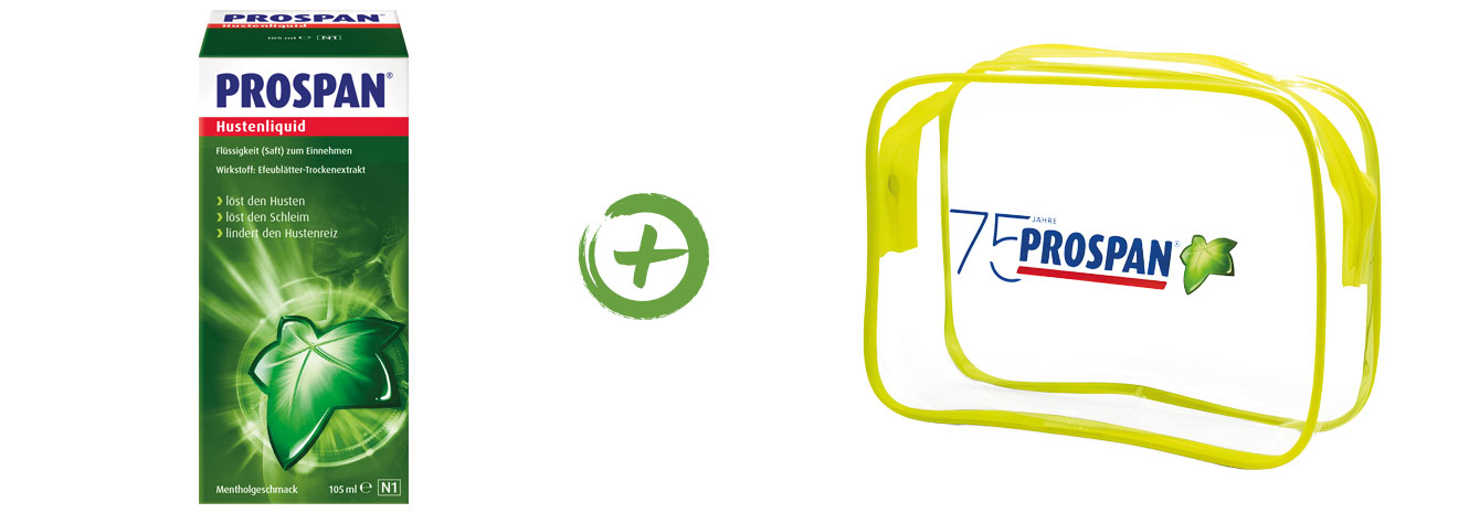 Prospan® Hustensaft mit gelbem, transparentem Reisetäschchen.