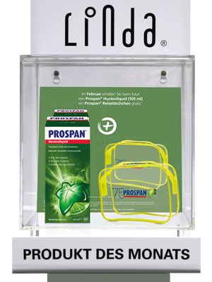 LINDA „Produkt des Monats“-Display mit Prospan® Hustensaft und Reisetäschchen.