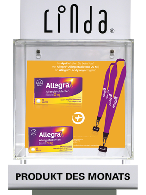 Produkt des Monats Allegra Allergie Tabletten und Allegra Handylanyard in der Box
