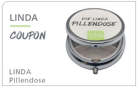 Eine Pillendose mit dem LINDA Apotheken-Logo.