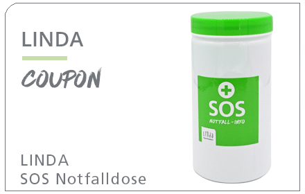 Coupon für eine LINDA SOS-Notfalldose mit grünem Deckel und Aufschrift „SOS Notfall-Info“.