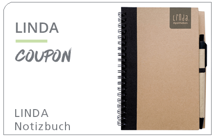 Coupon mit einem LINDA Notizbuch.