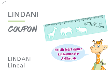 LINDANI Coupon für ein türkisfarbenes Kinderlineal mit Tiermotiven.