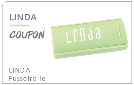 LINDA Coupon für eine grüne Fusselrolle mit LINDA Logo.