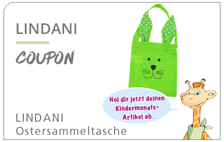 LINDANI Coupon Ostersammeltasche mit dem Text: Hol dir jetzt deinen Kindermonats-Artikel ab.