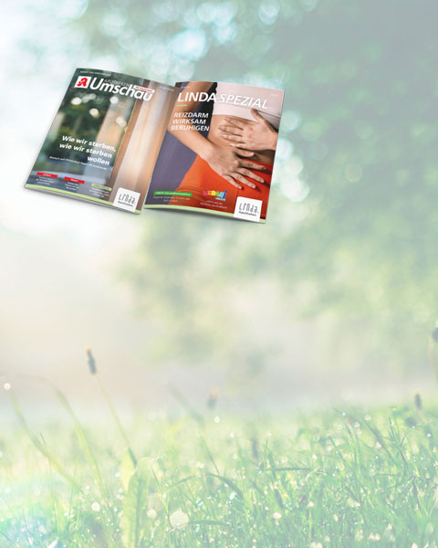 das Cover der Apotheken Umschau und LINDA SPEZIAL zusammen vor einem sonnigen grünen Naturhintergrund