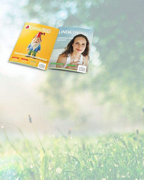 Titelblätter von Apotheken Umschau und LINDA Spezial vor grünem Hintergrund.