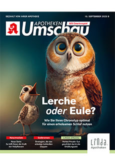 Cover der „Apotheken Umschau“ mit einer Lerche und einer Eule. Schlagzeile: „Lerche oder Eule? – Wie Sie Ihren Chronotyp optimal für einen erholsamen Schlaf nutzen“.