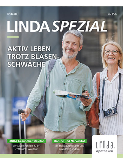 Cover der LINDA Spezial A April mit dem Titel " Aktiv leben trotz Blasenschwäche". Ein fröhliches Paar mittleren Alters.
