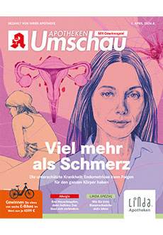 Cover der Apothekenumschau mit dem Titel "Viel mehr als ein Schmerz". Abgebildet sind eine skizzierte sich krümmende Frau und deine Gebärmutter, sowie eine Frau.