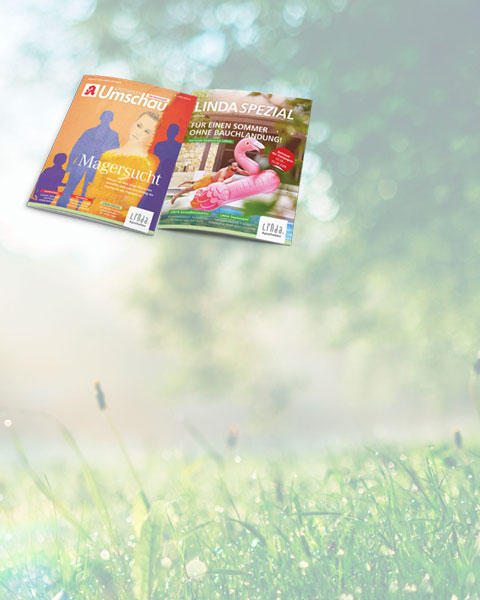 Cover der Apotheken Umschau Juni A und LINDA Spezial Juni A auf grünem Gras.