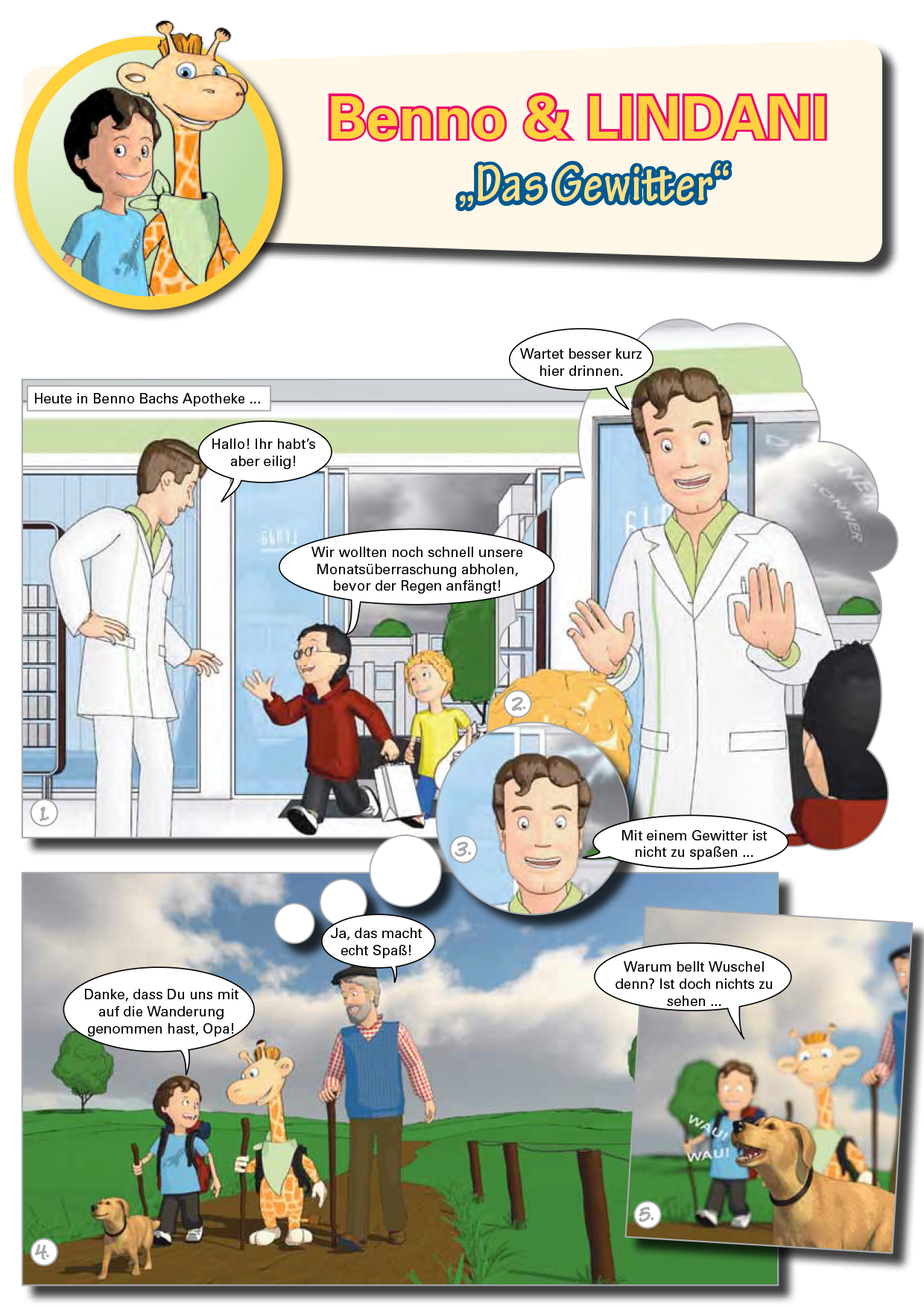 Comic über Benno, Lindani, Opa und Hund Wuschel, die eine Wanderung beginnen. Sie erfahren in der Apotheke, dass Gewitter gefährlich sind.