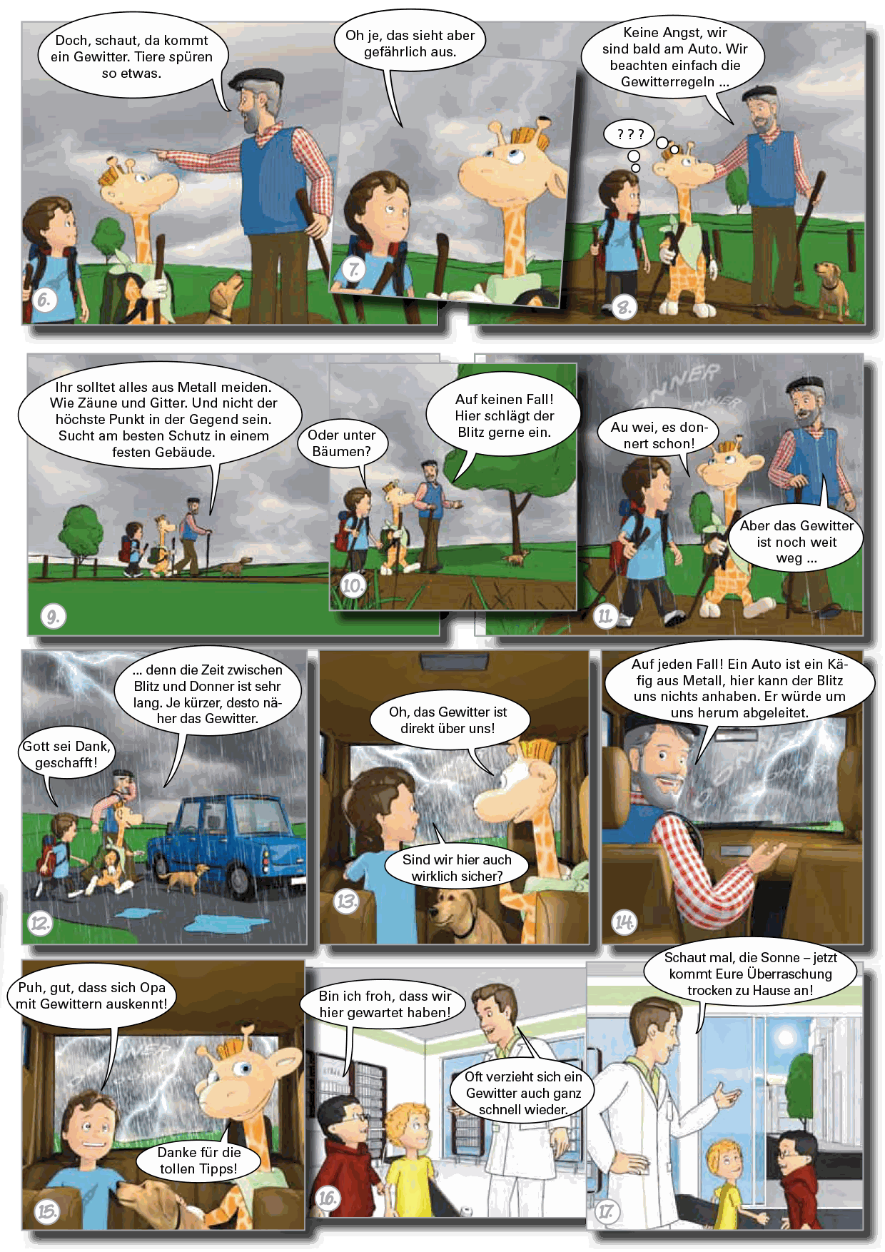 Comic über Benno, Lindani, Opa und Hund Wuschel, die beim Wandern in ein Gewitter geraten und Schutz im Auto suchen.