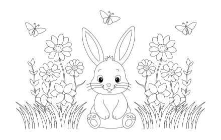 Ein glücklicher Hase sitzt zwischen Blumen und Schmetterlingen.