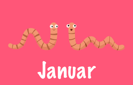Zwei gezeichnete Regenwürmer auf rosa Hintergrund; darunter steht „Januar“.