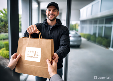 Ein Uber Direct Fahrer überreicht lächelnd eine LINDA Apotheken Tüte