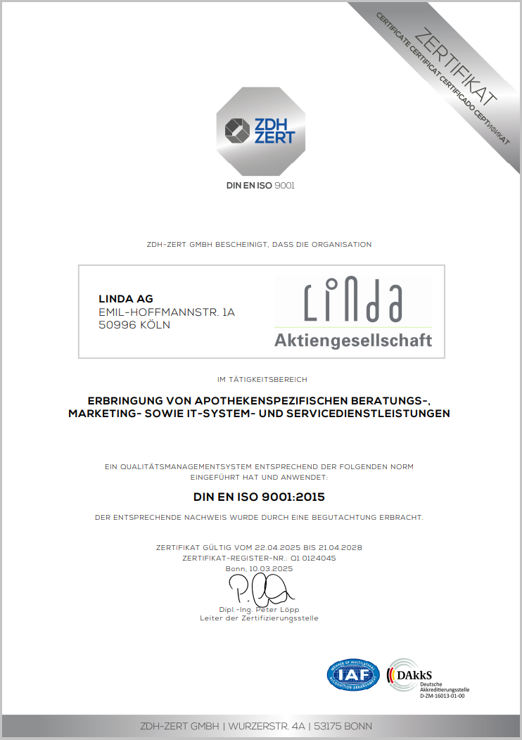 QM-Zertifikat LINDA AG nach DIN EN 9001:2015, gültig bis 21. April 2028