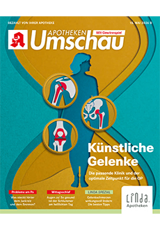 Cover der Apotheken Umschau zum Thema künstliche Gelenke mit stilisierter Personensilhouette und Illustrationen von Schulter-, Hüft- und Kniegelenk auf türkis-gelbem Hintergrund.